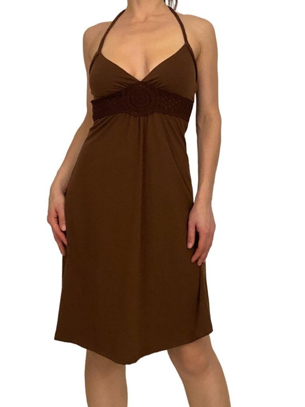 2000s mocha brown halter knee length dress with a crochet underbust